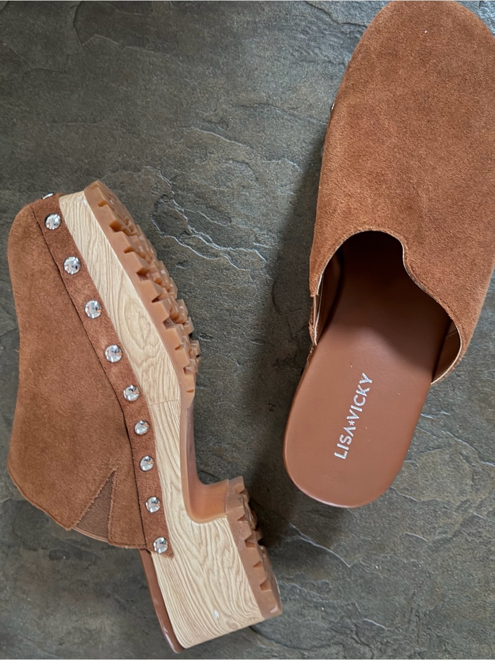 Lisa Vicky Brown Suede Studded Clog Mules with Lug Sole